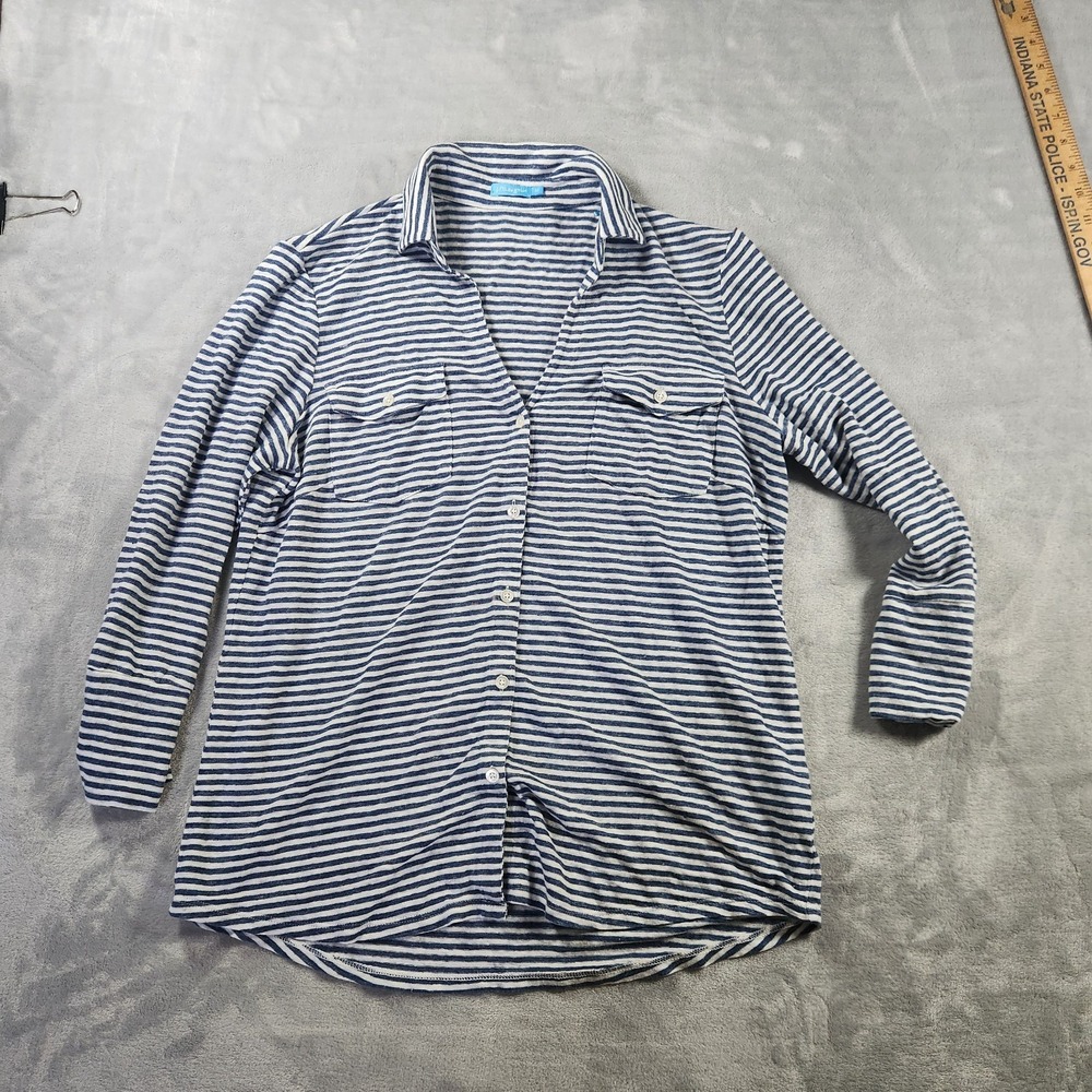 J. McLaughlin Brynn Linen Shirt Stripe Women's Sz M Blue White Button V-Neck 3/4